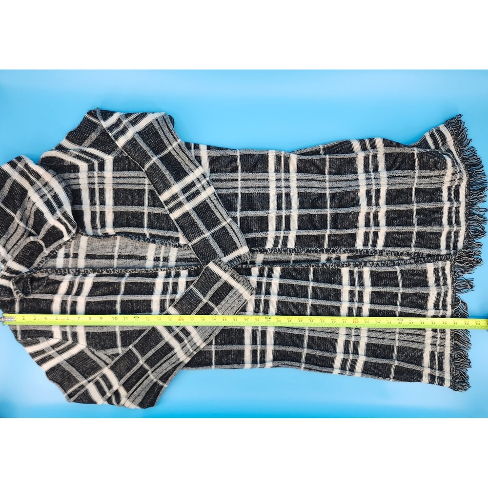 Retro 90s Womens XXL Black White Plaid Hooded Longline Fringe Cardigan Sweater - Picture 4 of 5